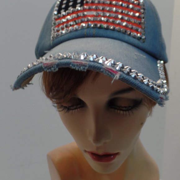 Studio Select Adjustable Sizeing Sparkling Denim Baseball Cap W American Flag - Picture 8 of 9